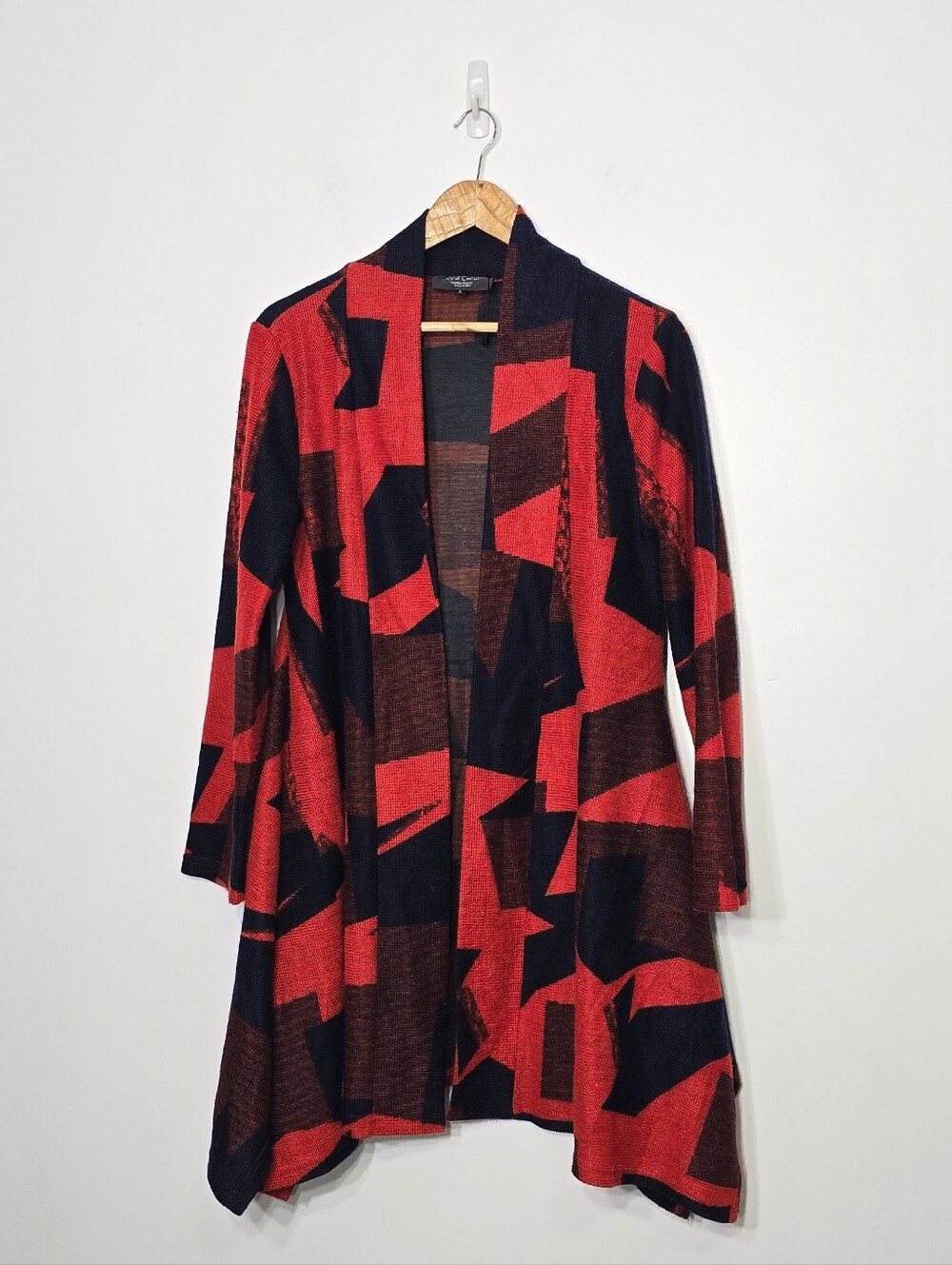 Red Coral Blue Geometric Pattern Red Wool Blend Long Sleeve Sweater Cardigan L